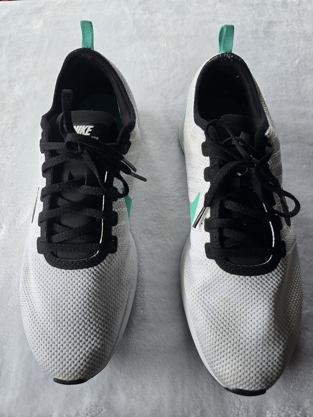Size11 Nike Dualtone Racer sneakers in white and black with menta green accents.